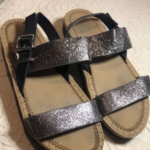 Metallic Silver Sandals with Black Straps